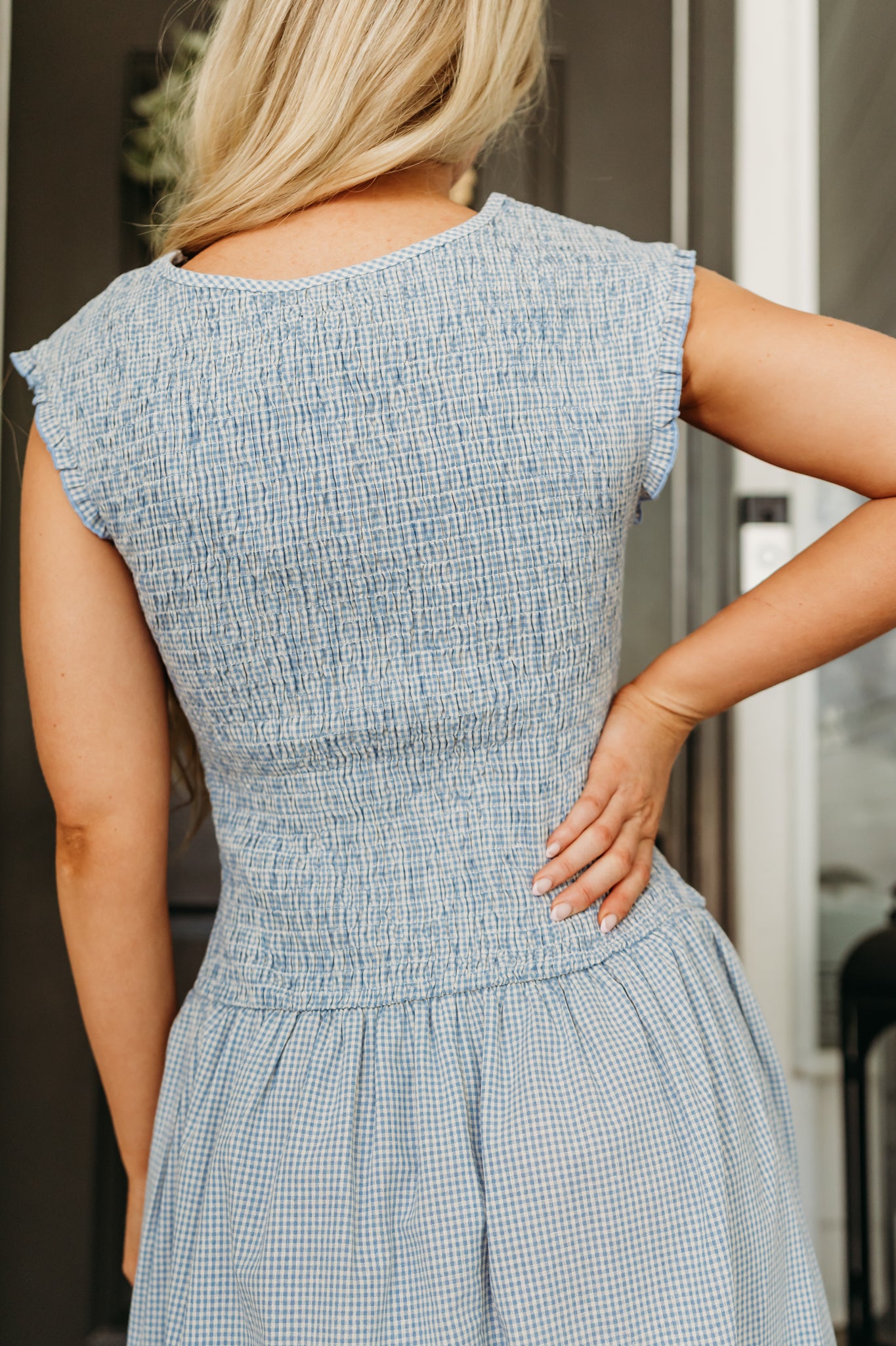 THE BLAIRE SMOCKED GINGHAM MIDI DRESS IN LIGHT BLUE