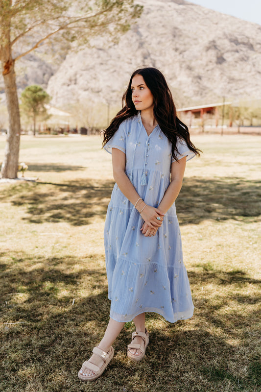 THE JULIANN FLORAL EMBROIDERED DRESS IN BLUE