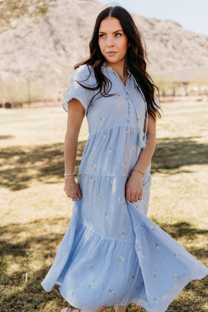 THE JULIANN FLORAL EMBROIDERED DRESS IN BLUE