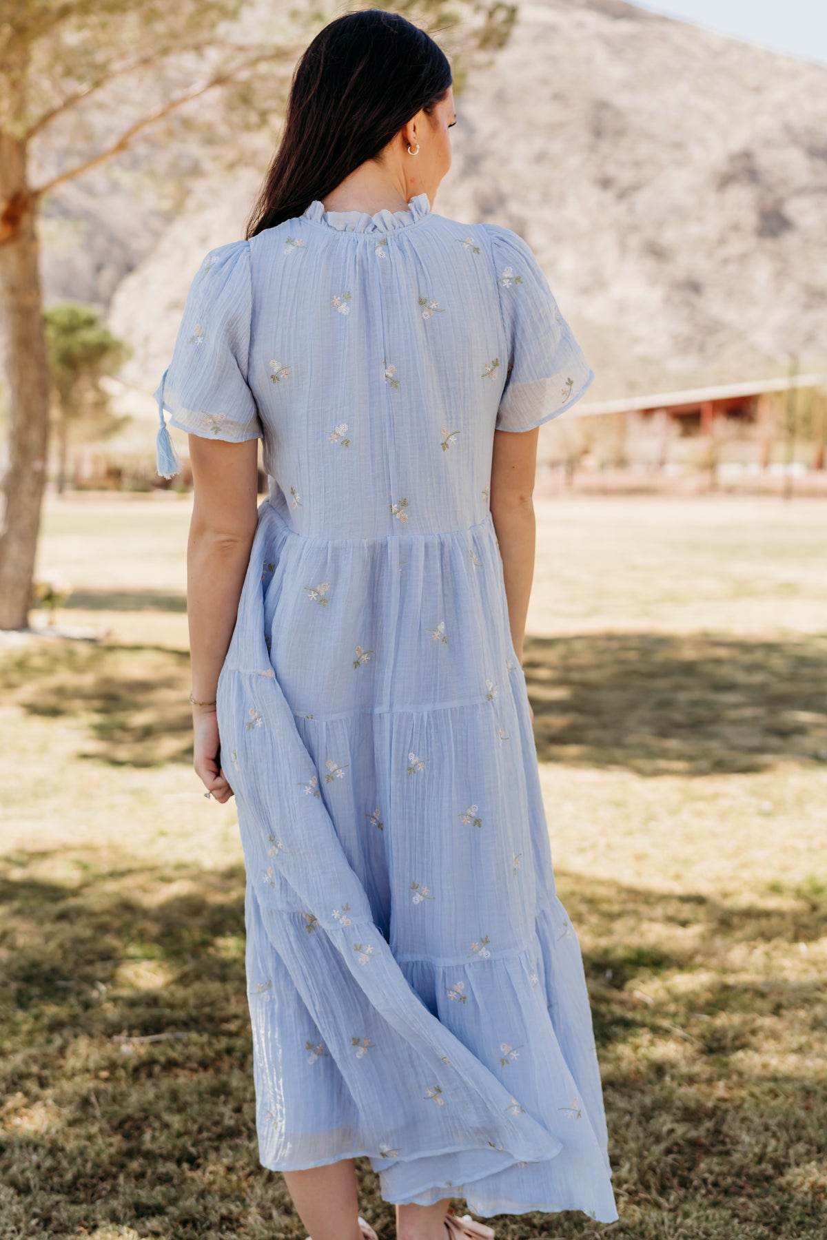 THE JULIANN FLORAL EMBROIDERED DRESS IN BLUE