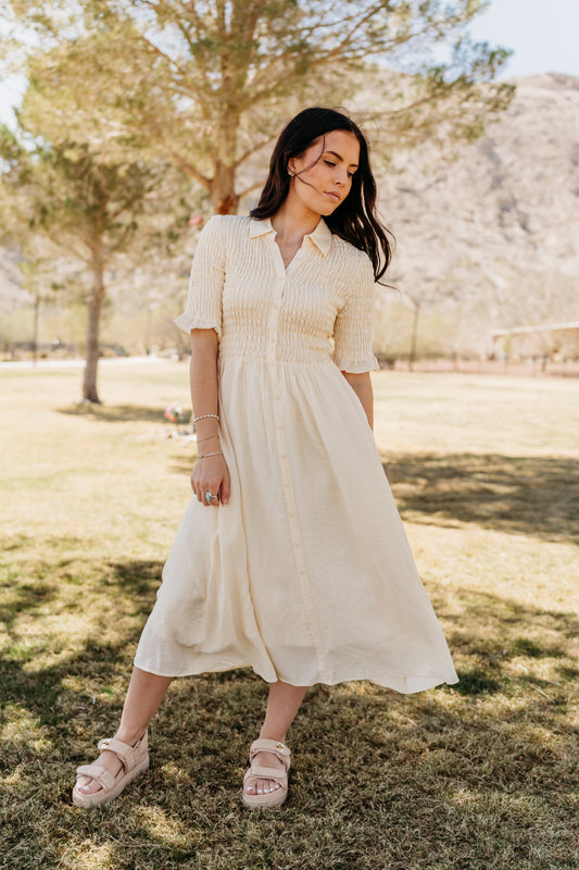 THE CRESSIDA SMOCKED MIDI DRESS IN CREAM