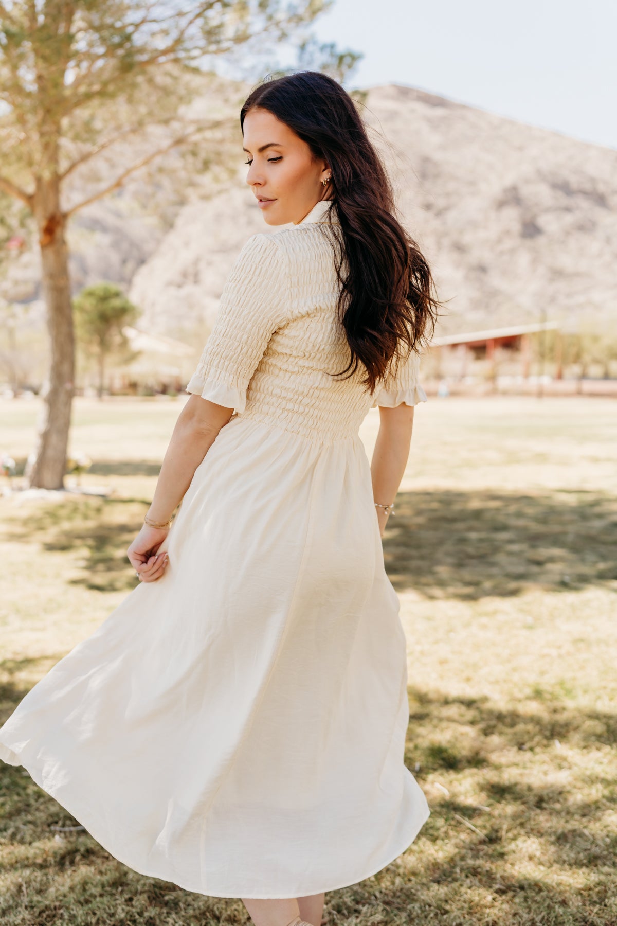 cressida midi dress THE CRESSIDA SMOCKED MIDI DRESS IN CREAM X-Large