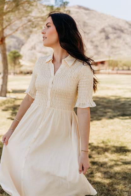 THE CRESSIDA SMOCKED MIDI DRESS IN CREAM