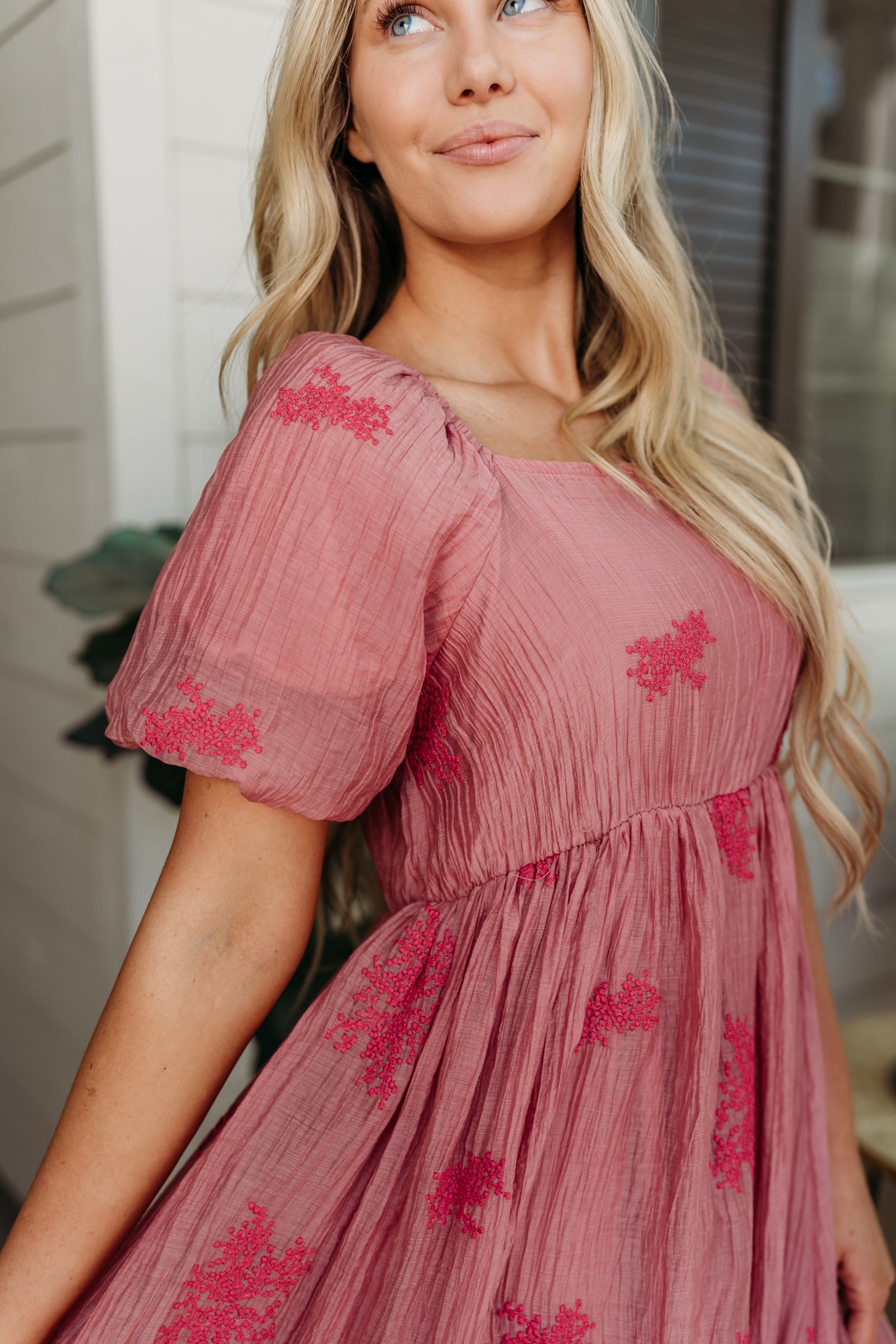 pink bubble dress with sleeves Square Neck Bubble Sleeve Shirred Midi Dress in Hot Pink