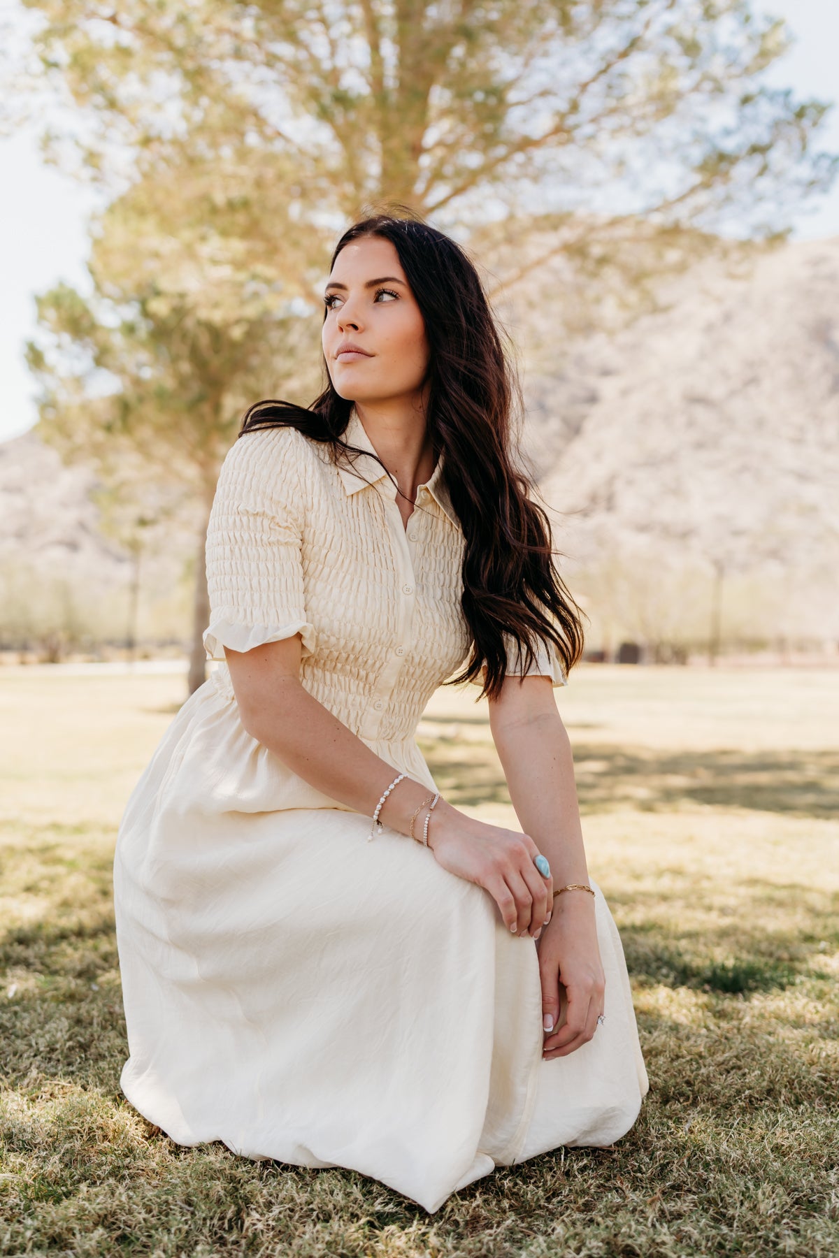THE CRESSIDA SMOCKED MIDI DRESS IN CREAM