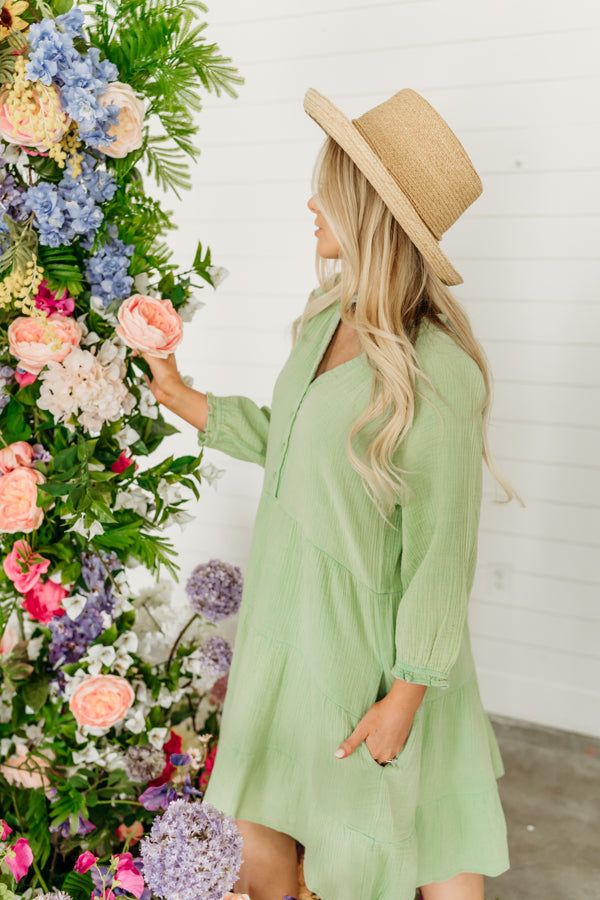 THE MAGGIE BUTTON DOWN MINI DRESS IN SAGE Small THE MAGGIE BUTTON DOWN MINI DRESS IN SAGE Small