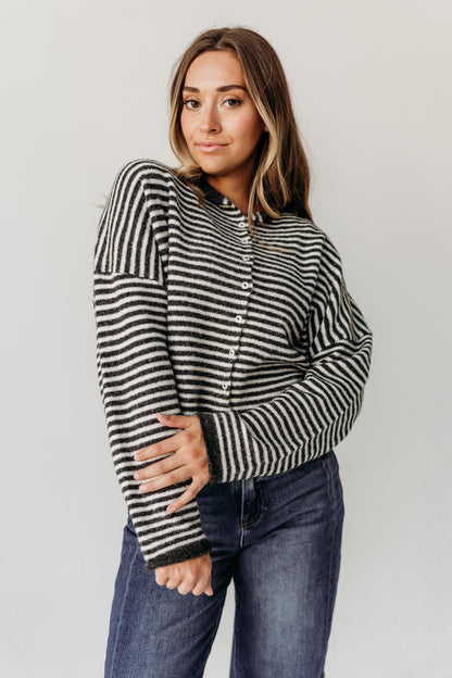 THE CAMPBELL CARDIGAN IN CHARCOAL STRIPE