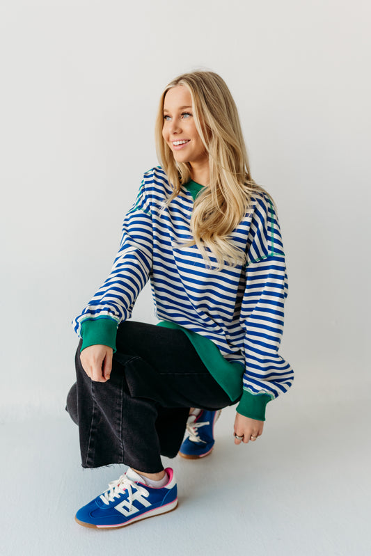 THE HAIDEN OVERSIZED STRIPED CREW IN BLUE