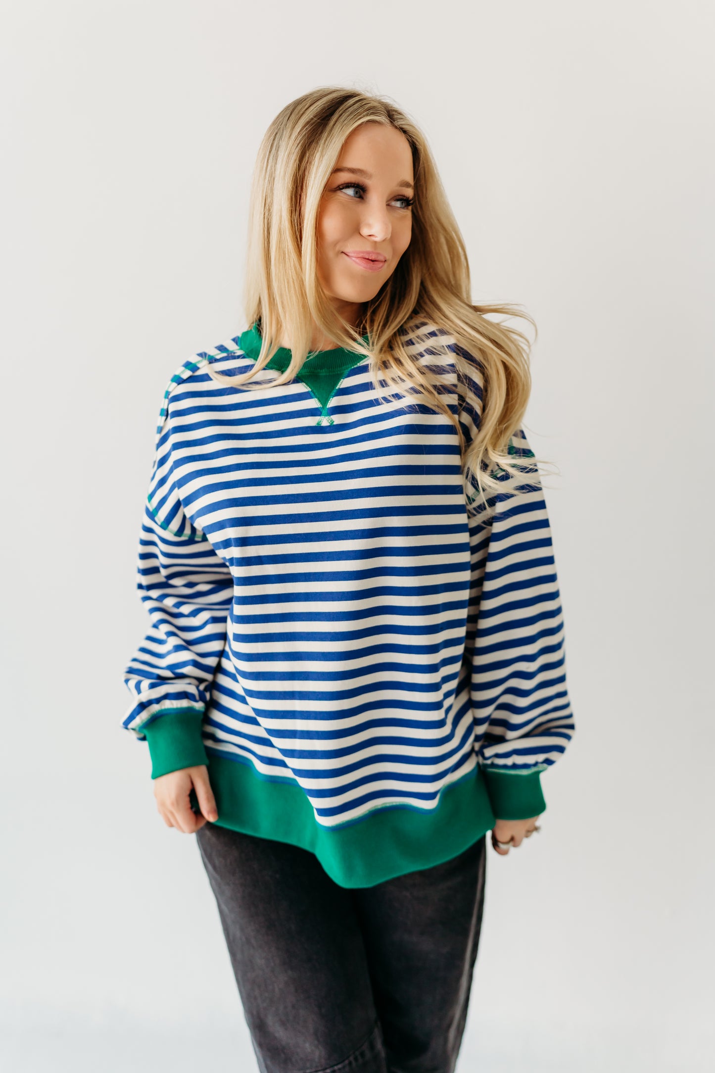 THE HAIDEN OVERSIZED STRIPED CREW IN BLUE