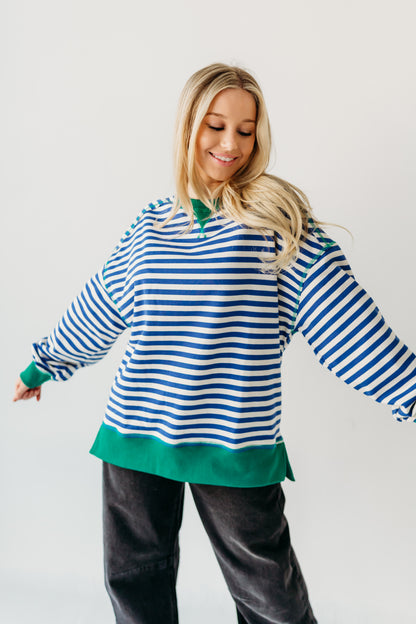 THE HAIDEN OVERSIZED STRIPED CREW IN BLUE