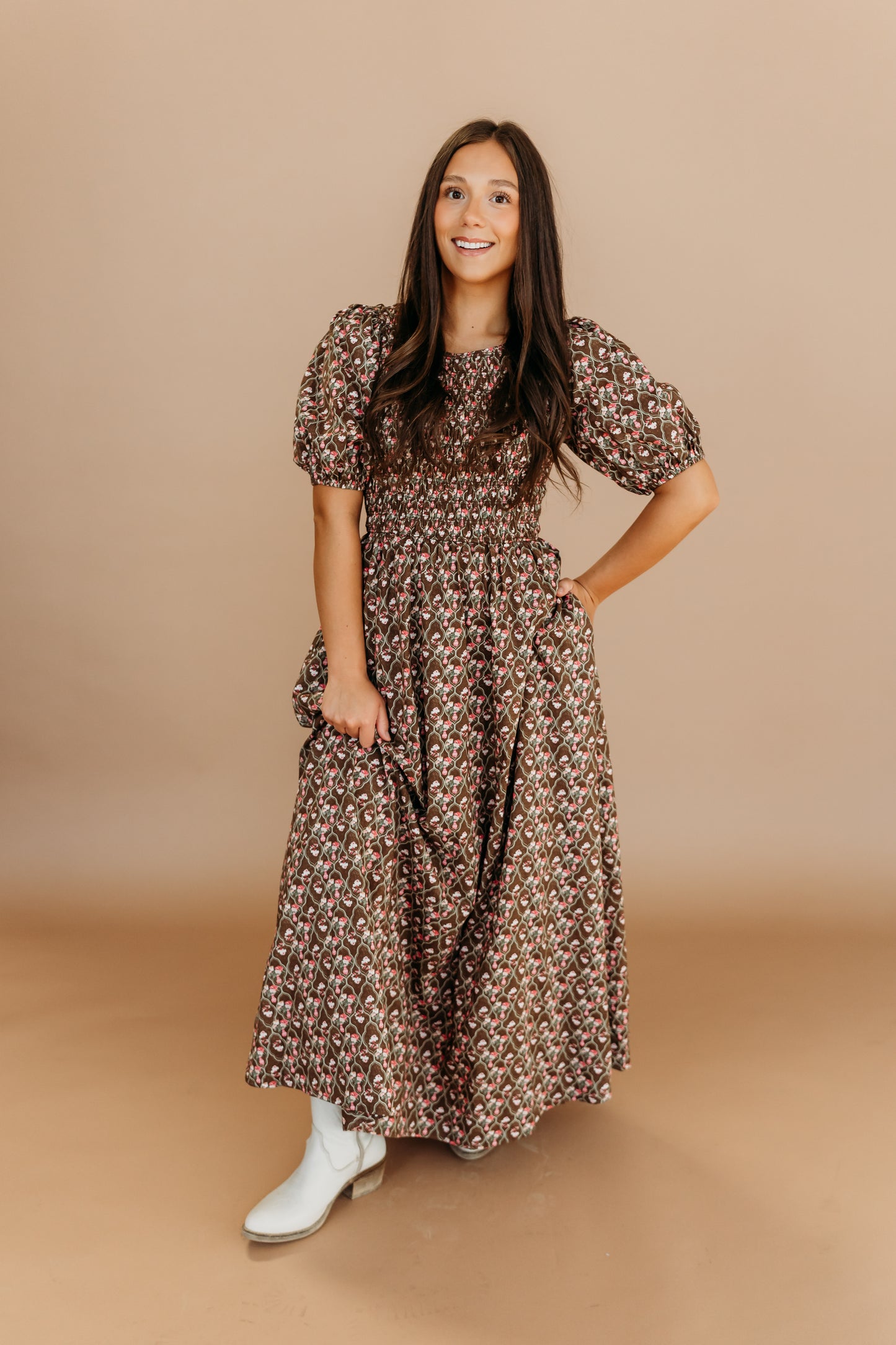 THE MAXINE SMOCKED FLORAL MAXI IN MOCHA