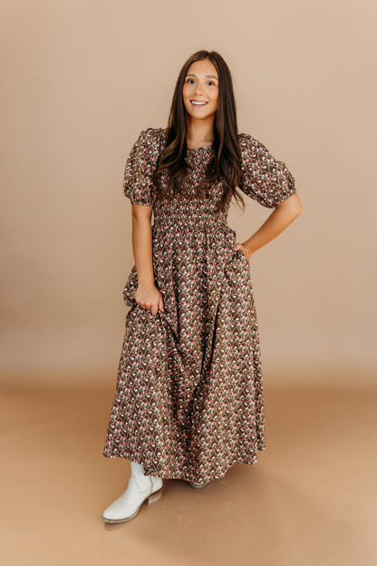 THE MAXINE SMOCKED FLORAL MAXI IN MOCHA