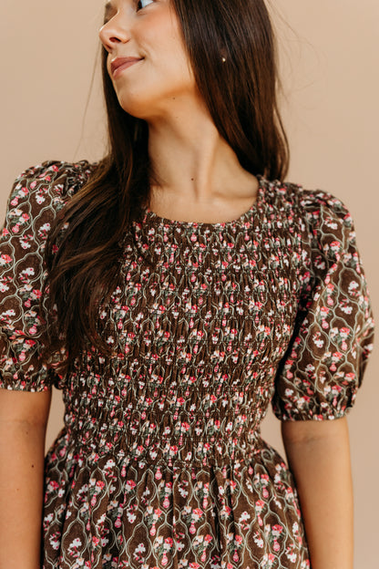 THE MAXINE SMOCKED FLORAL MAXI IN MOCHA
