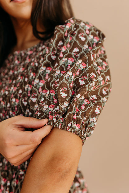 THE MAXINE SMOCKED FLORAL MAXI IN MOCHA