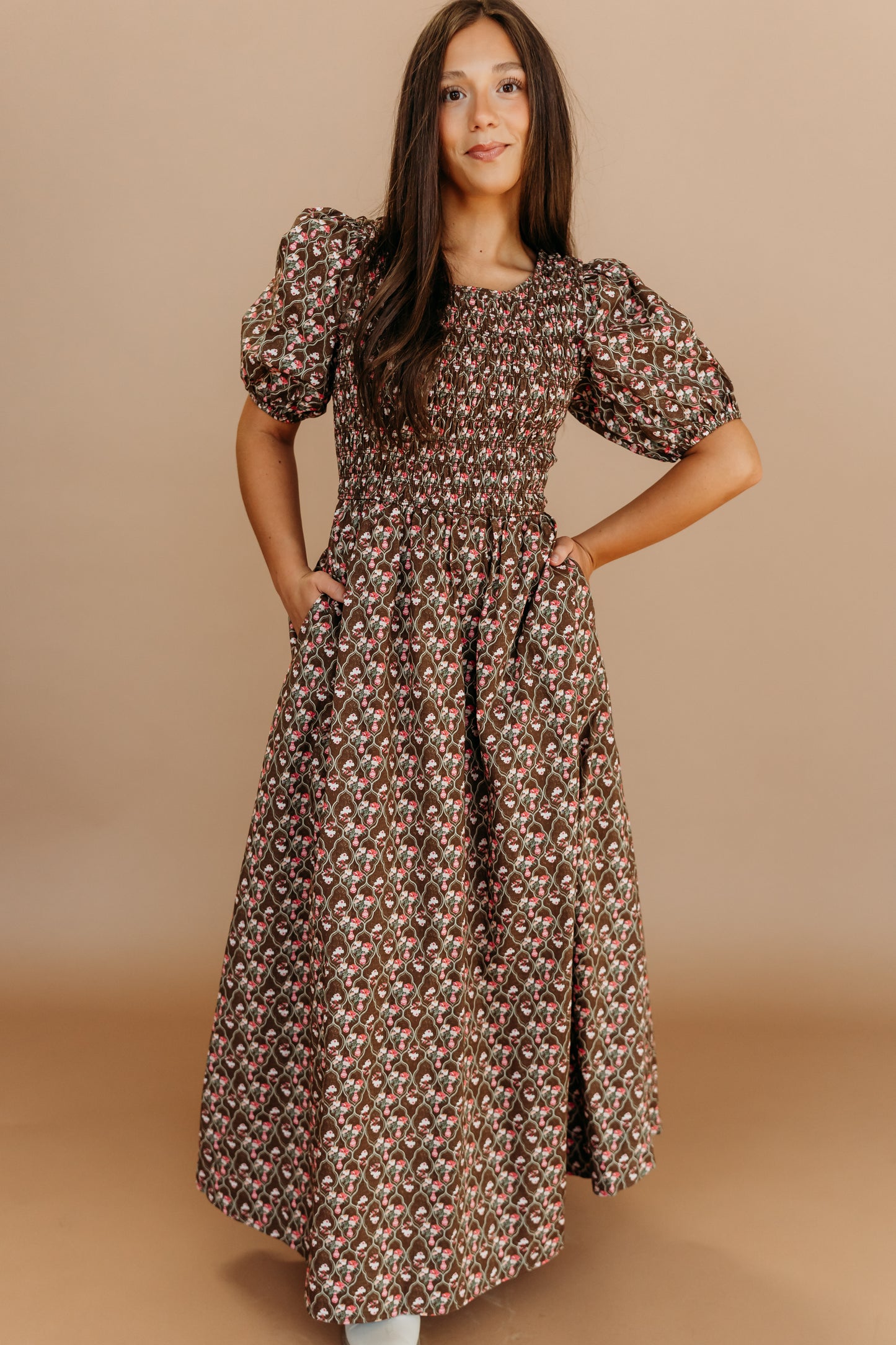 THE MAXINE SMOCKED FLORAL MAXI IN MOCHA