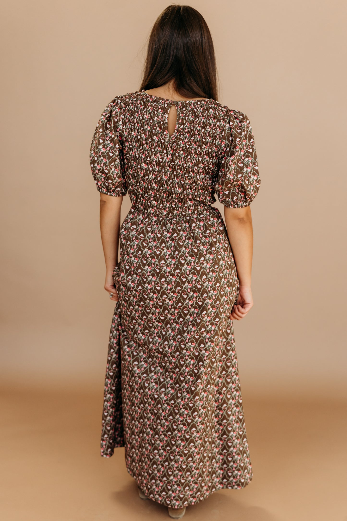 THE MAXINE SMOCKED FLORAL MAXI IN MOCHA