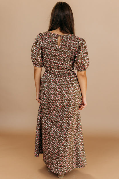 THE MAXINE SMOCKED FLORAL MAXI IN MOCHA