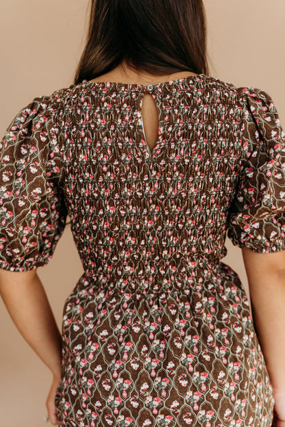 THE MAXINE SMOCKED FLORAL MAXI IN MOCHA