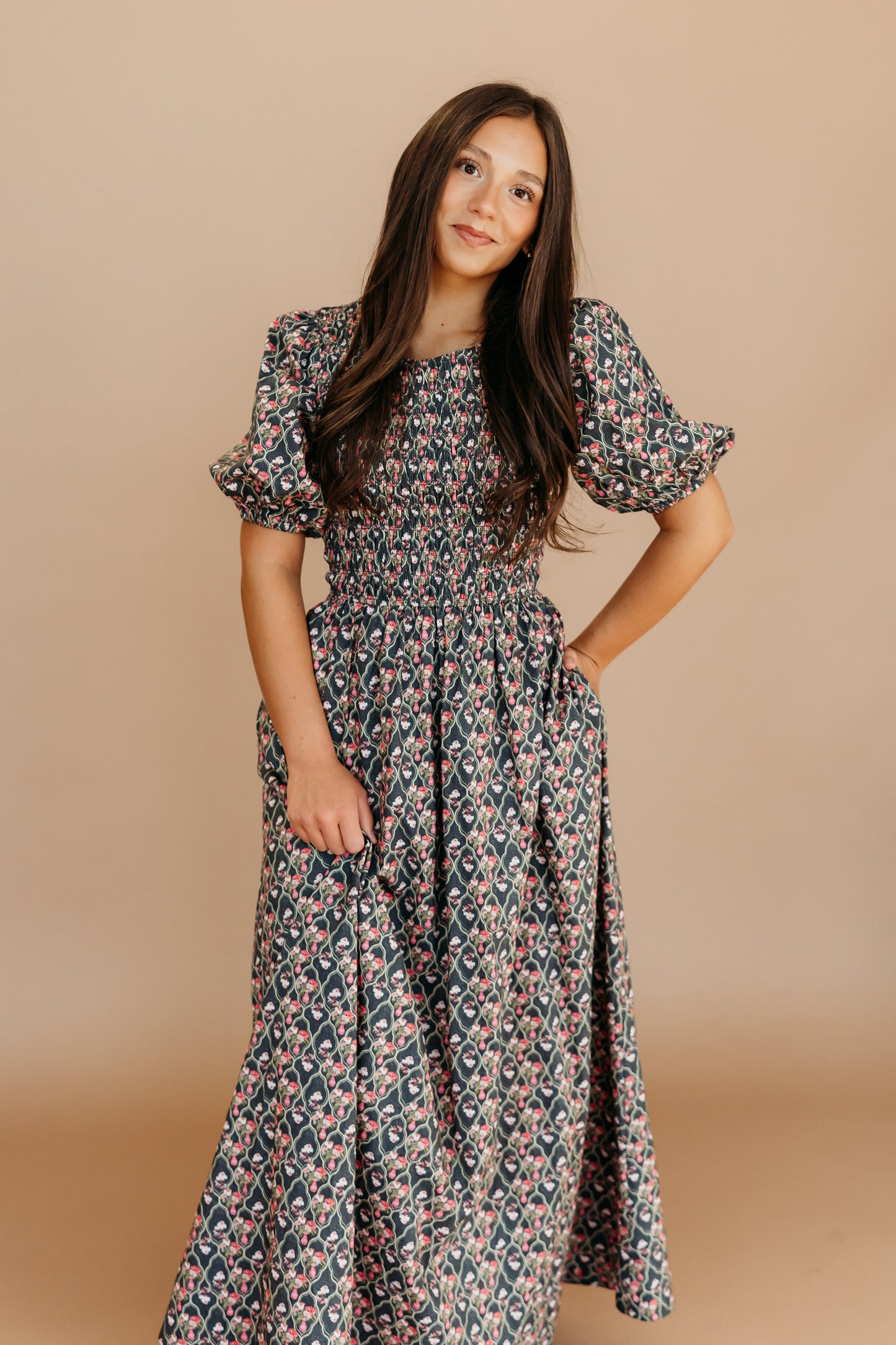 THE MAXINE SMOCKED FLORAL MAXI IN BLACK