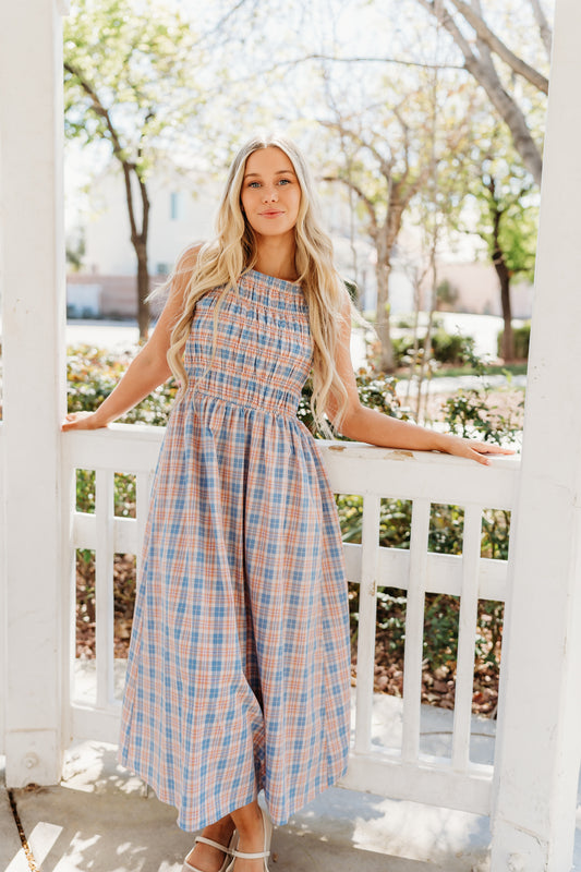 THE SAVANNAH SMOCKED PLAID DRESS IN BLUE