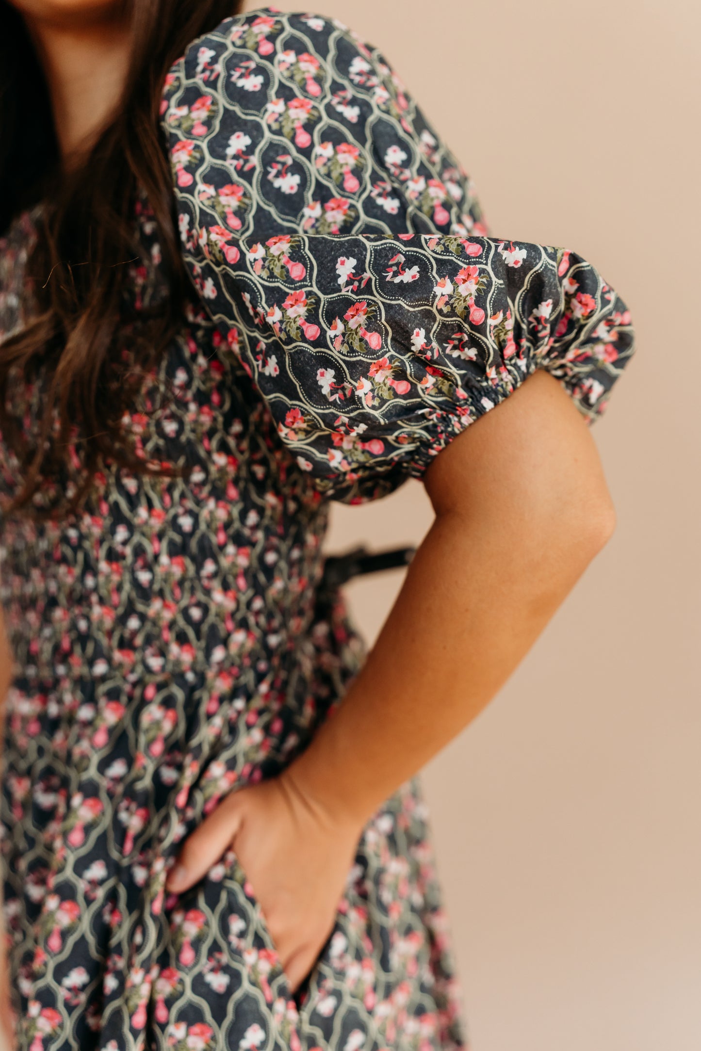 THE MAXINE SMOCKED FLORAL MAXI IN BLACK