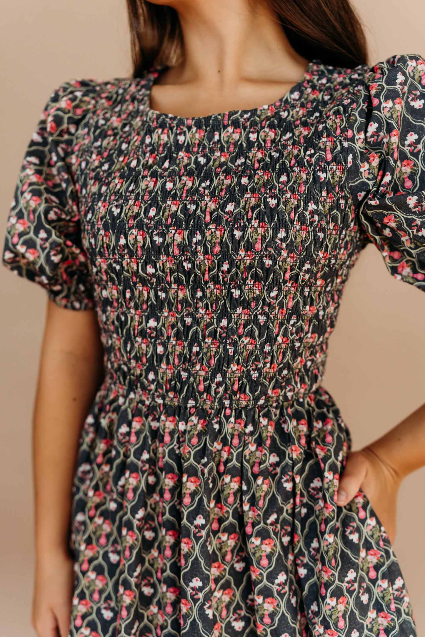 THE MAXINE SMOCKED FLORAL MAXI IN BLACK