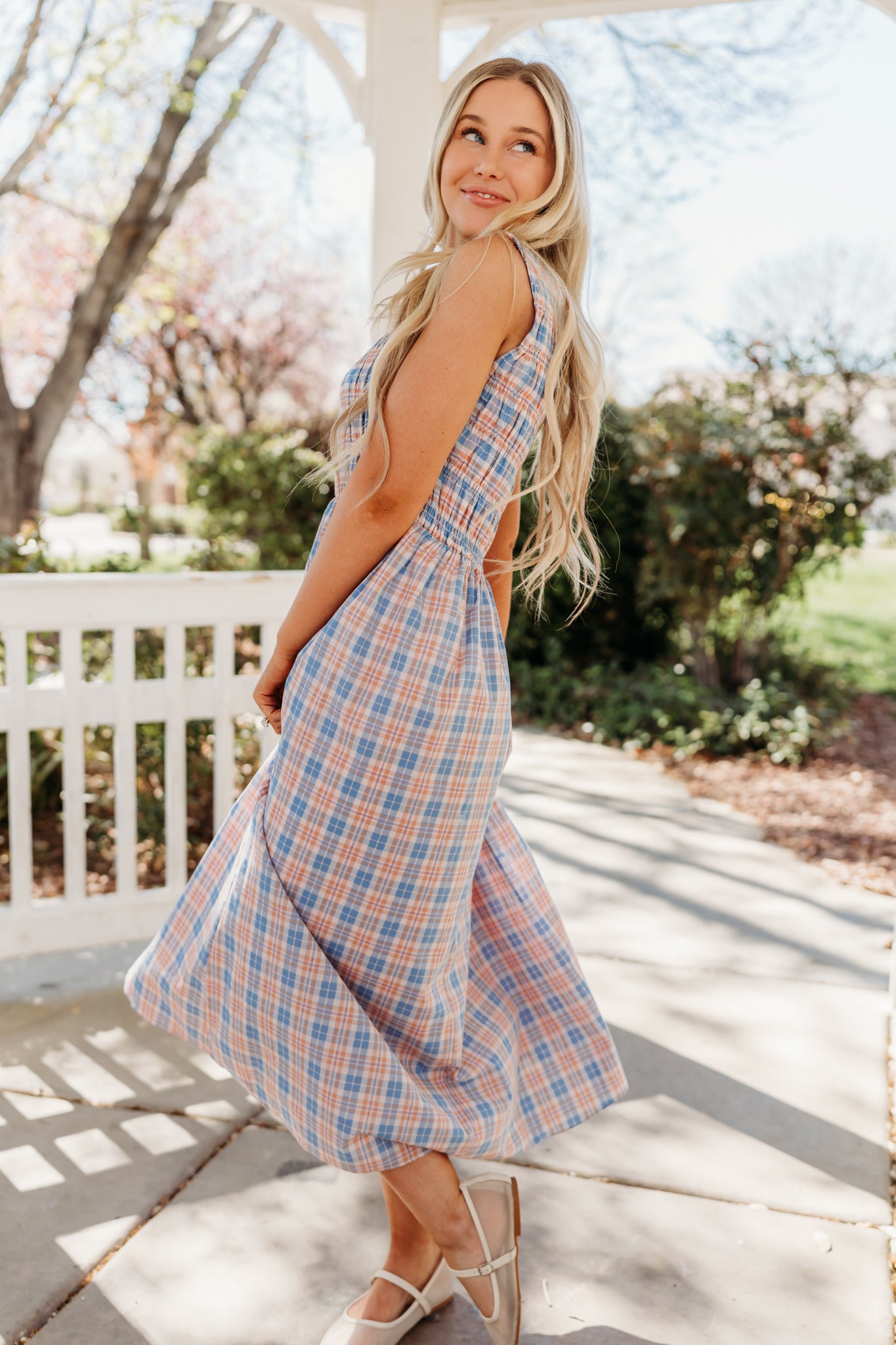 THE SAVANNAH SMOCKED PLAID DRESS IN BLUE