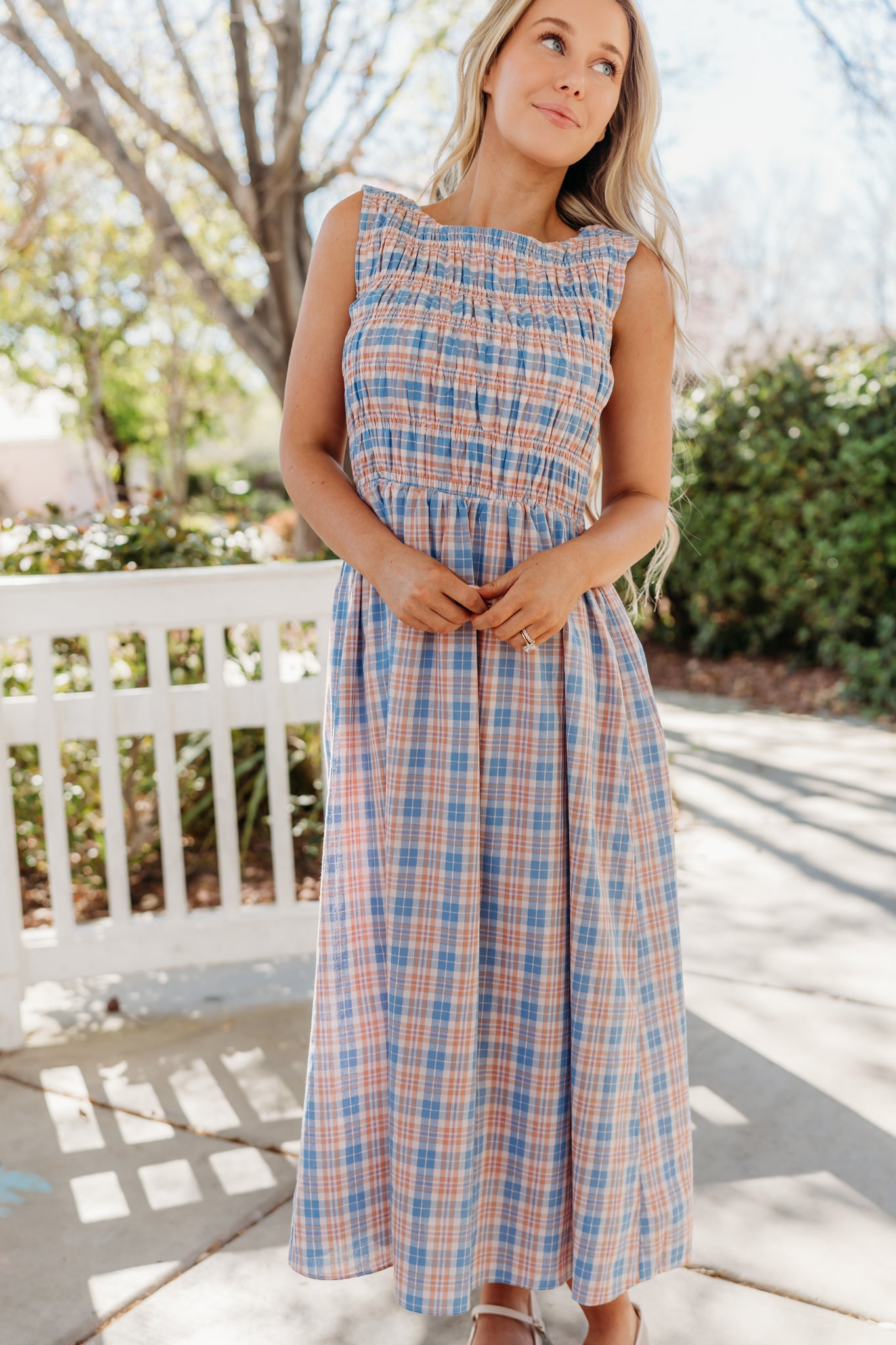 THE SAVANNAH SMOCKED PLAID DRESS IN BLUE