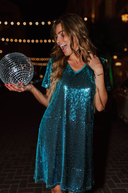 THE SEQUIN SHIFT DRESS IN AQUA BY PINK DESERT