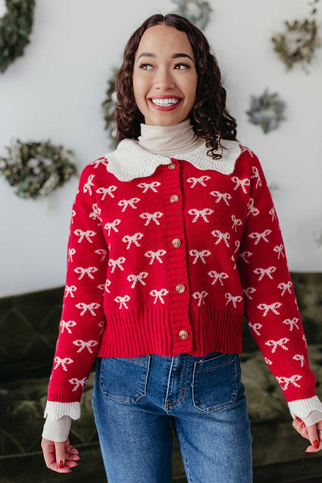 THE CLARRIE CROCHET KNIT CARDIGAN IN RED