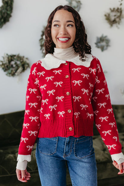 THE CLARRIE CROCHET KNIT CARDIGAN IN RED