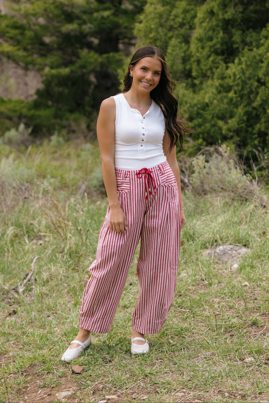 THE LENI STRIPED BARREL DENIM PANTS IN RED