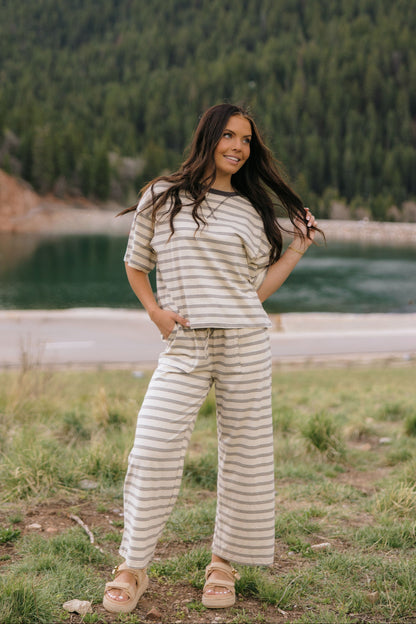 THE CHARITY STRIPED SET IN OAT AND BROWN
