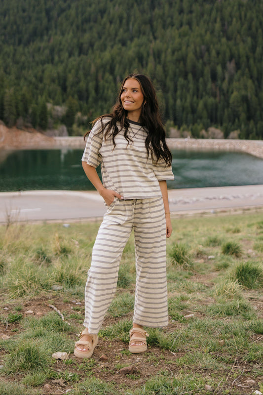 THE CHARITY STRIPED SET IN OAT AND BROWN