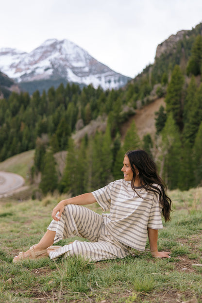 THE CHARITY STRIPED SET IN OAT AND BROWN