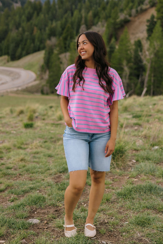 THE ZELLA RUFFLE SLEEVE STRIPE KNIT TOP IN PURPLE/BLUE