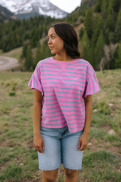 THE ZELLA RUFFLE SLEEVE STRIPE KNIT TOP IN PURPLE/BLUE