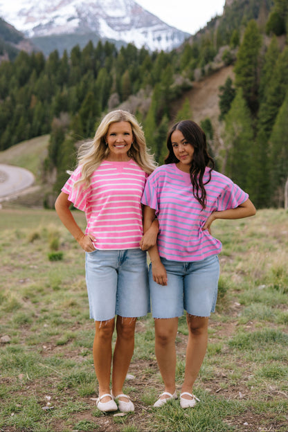THE ZELLA RUFFLE SLEEVE STRIPE KNIT TOP IN PURPLE/BLUE