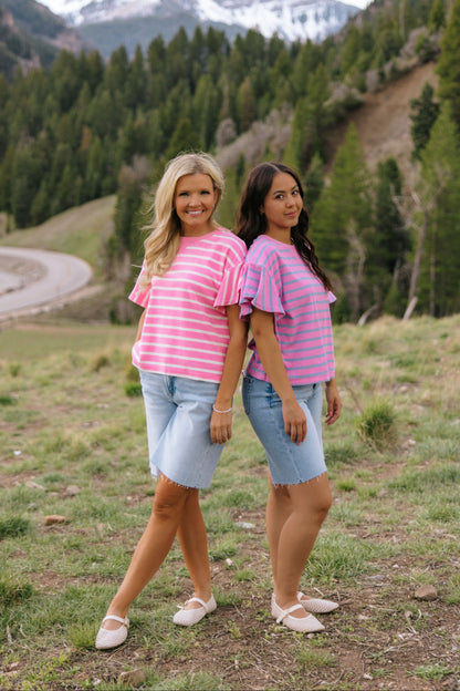 THE ZELLA RUFFLE SLEEVE STRIPE KNIT TOP IN PURPLE/BLUE
