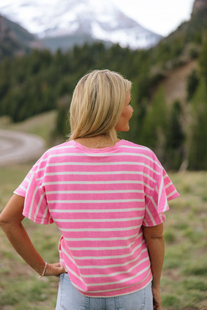 THE ZELLA RUFFLE SLEEVE STRIPE KNIT TOP IN PINK/WHITE