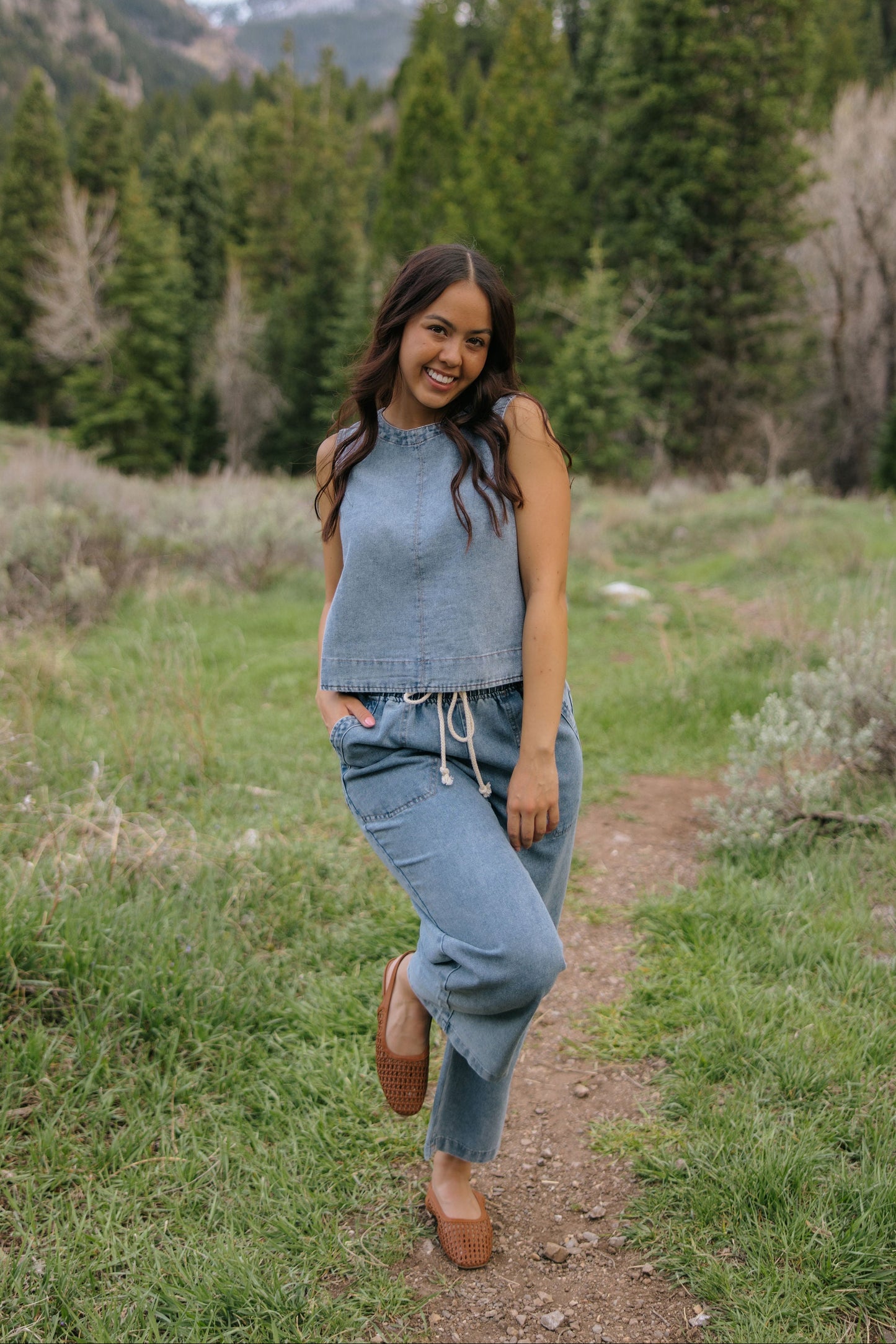 THE SOFIA BUTTON DOWN BACK DENIM TOP