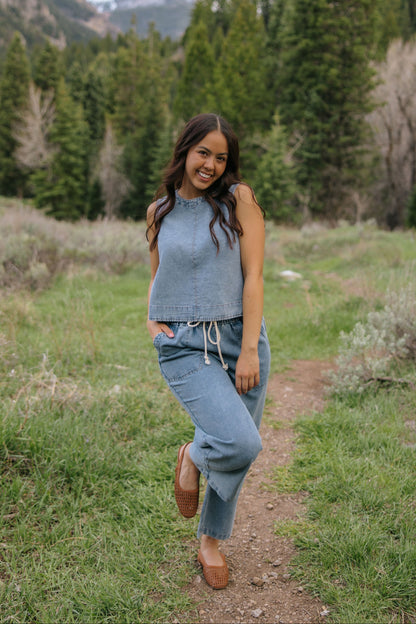 THE SOFIA BUTTON DOWN BACK DENIM TOP