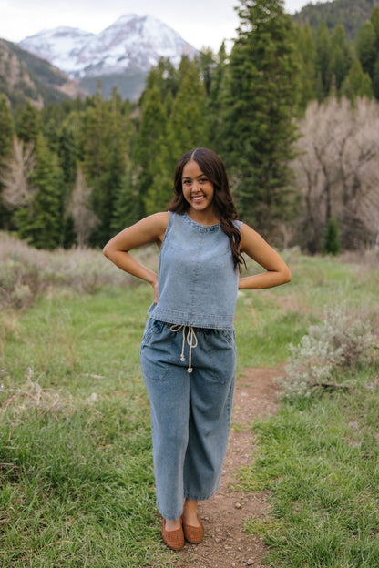 THE SOFIA BUTTON DOWN BACK DENIM TOP