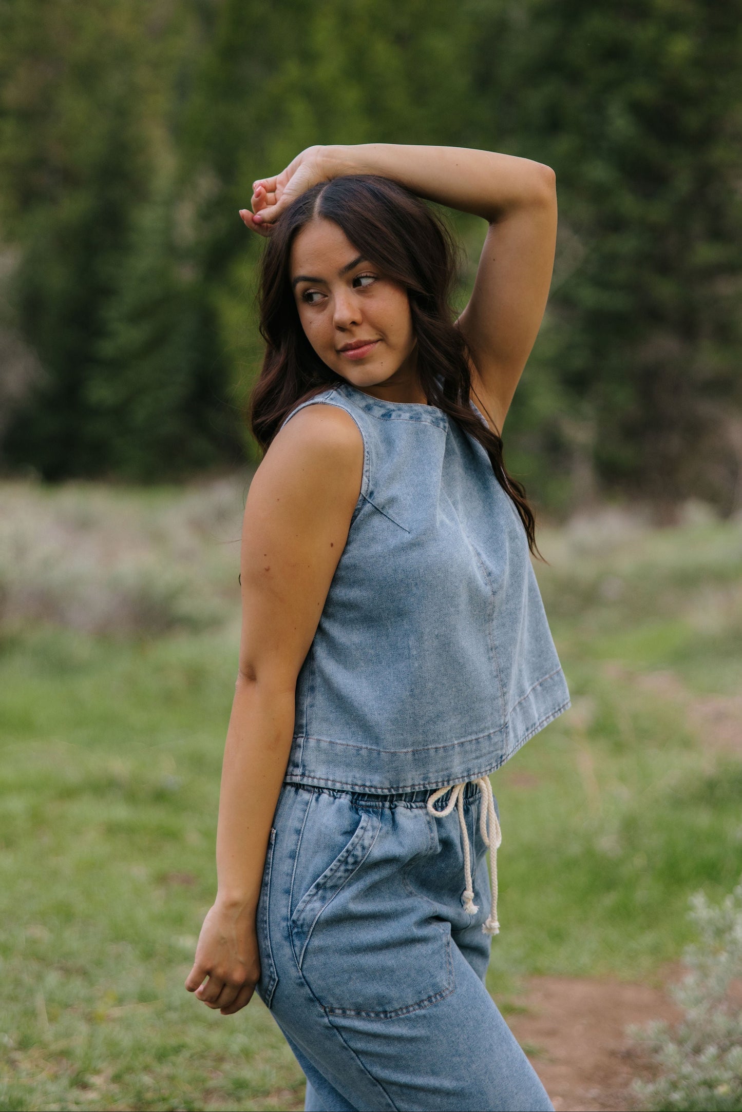 THE SOFIA BUTTON DOWN BACK DENIM TOP