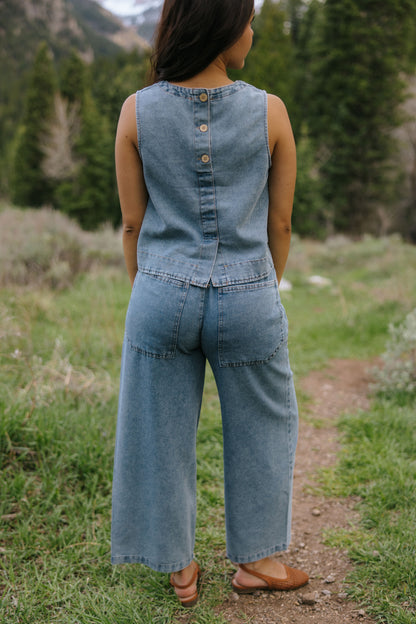 THE SOFIA BUTTON DOWN BACK DENIM TOP
