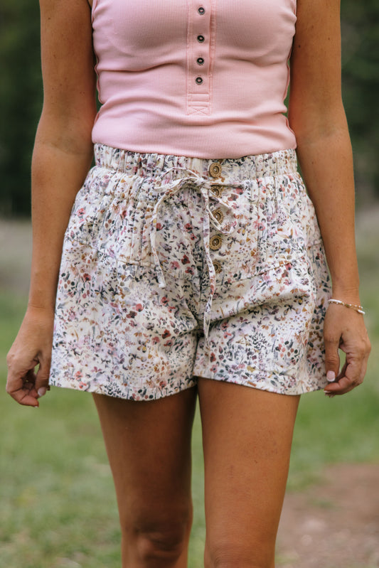 MARISSA WASHED SMOCKED BUTTON DOWN SHORTS WITH STRING