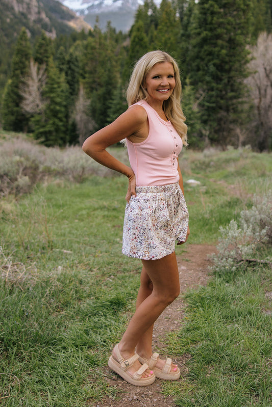 MARISSA WASHED SMOCKED BUTTON DOWN SHORTS WITH STRING