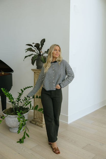 THE CAMPBELL CARDIGAN IN CHARCOAL STRIPE