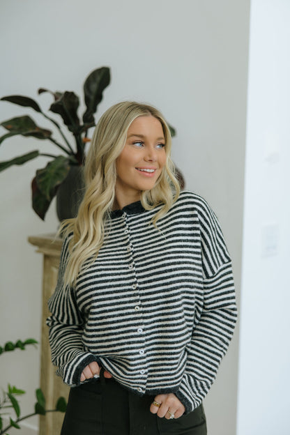 THE CAMPBELL CARDIGAN IN CHARCOAL STRIPE