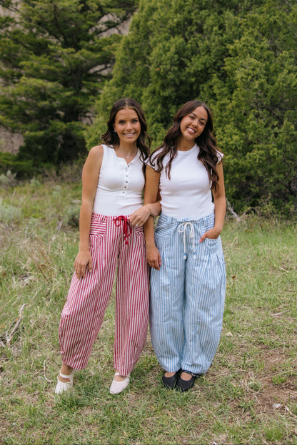 THE LENI STRIPED BARREL DENIM PANTS IN RED